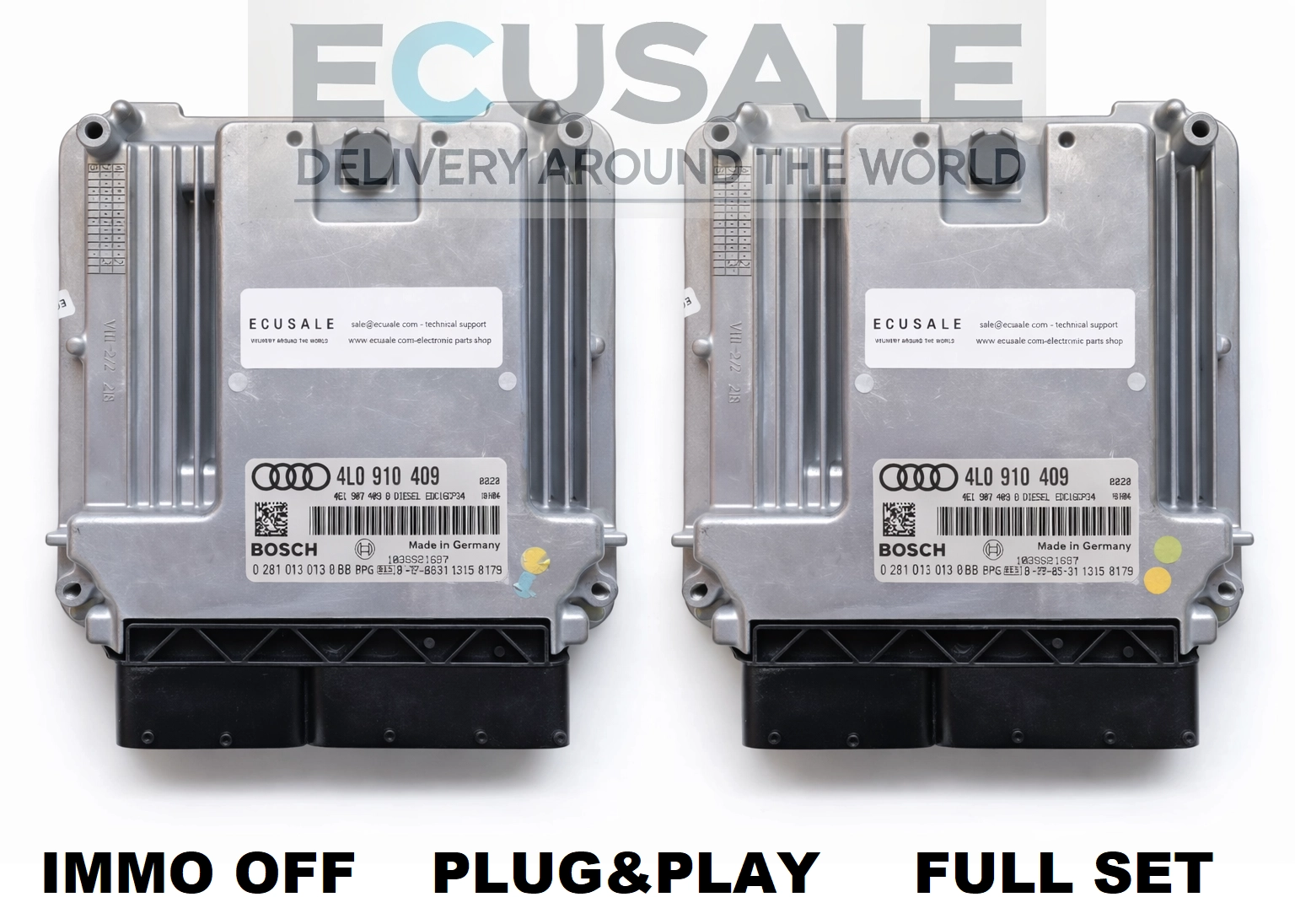 Conjunto de duas centralinas de motor 4L0910409 / 0281013013 para Audi Q7 4.2 TDI – conjunto Master + Slave ECU ENGINE CONTROLLER preparado na versão IMMO OFF, pronto para montagem Plug & Play.